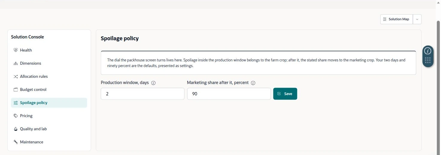NetSuite Agriculture solution — Spoilage policy contains the production window and marketing-share settings