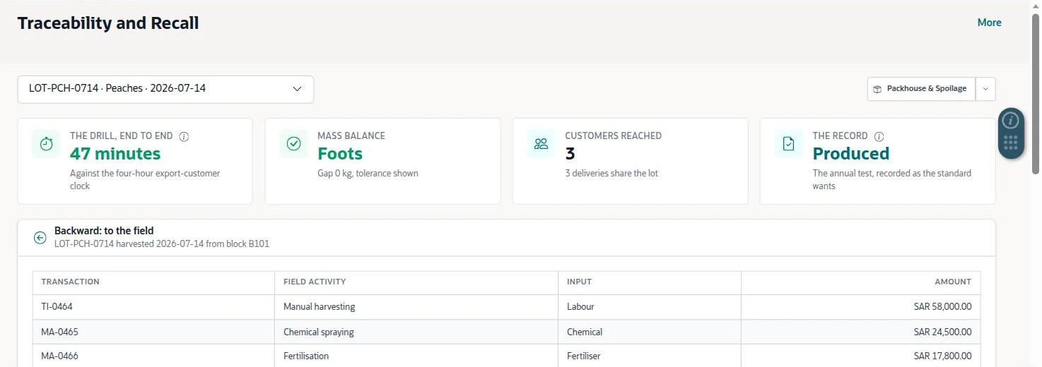 NetSuite Agriculture solution — Traceability workspace links a selected lot to field inputs and recall-review metrics