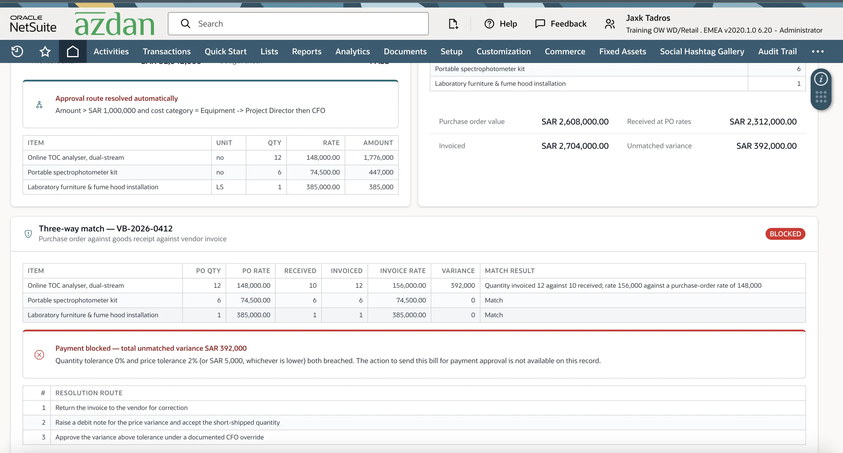 NetSuite three-way match failure blocking a construction vendor bill over a quantity and price variance