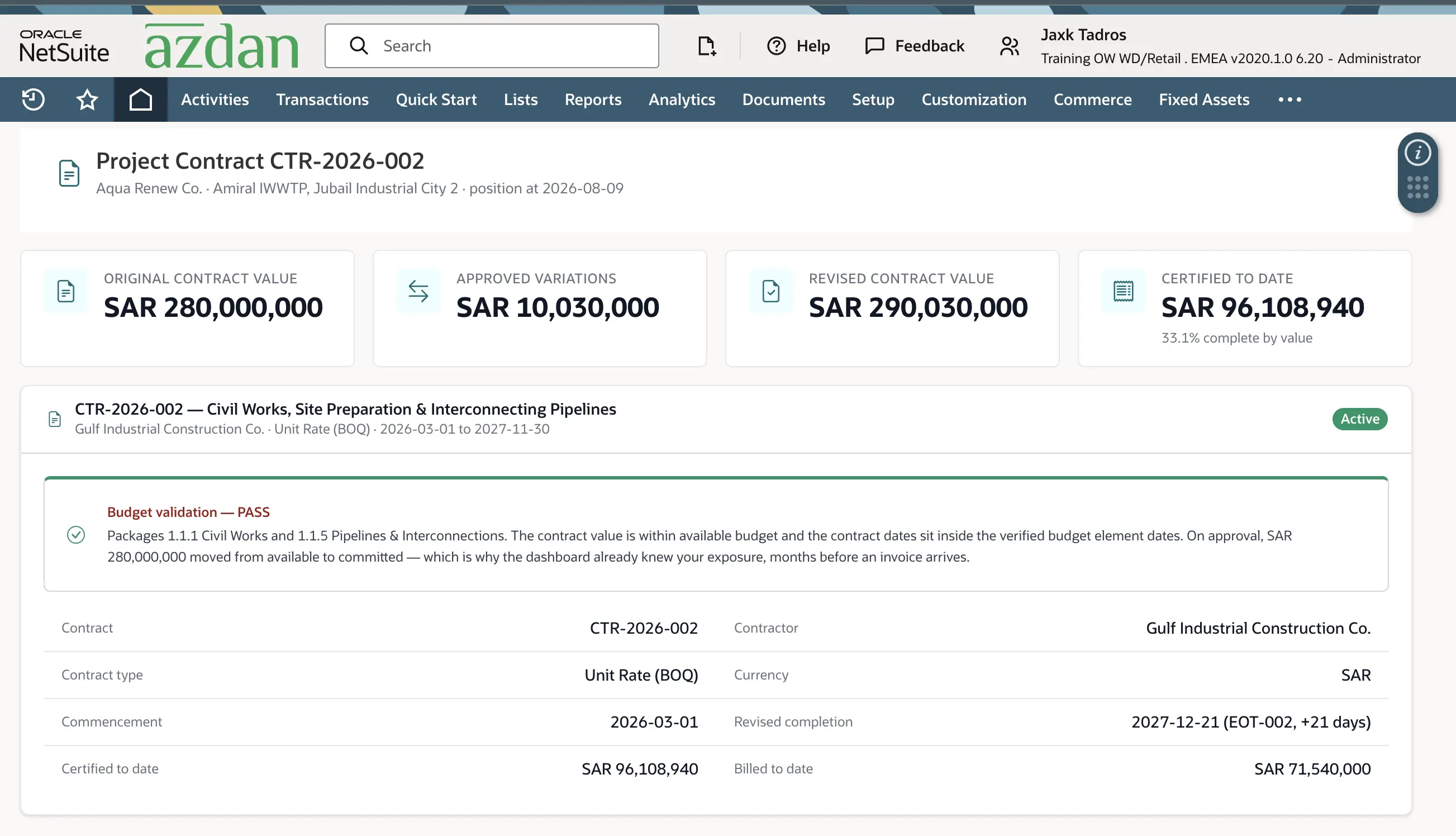 NetSuite construction project contract showing original value, approved variations, revised value, and budget validation