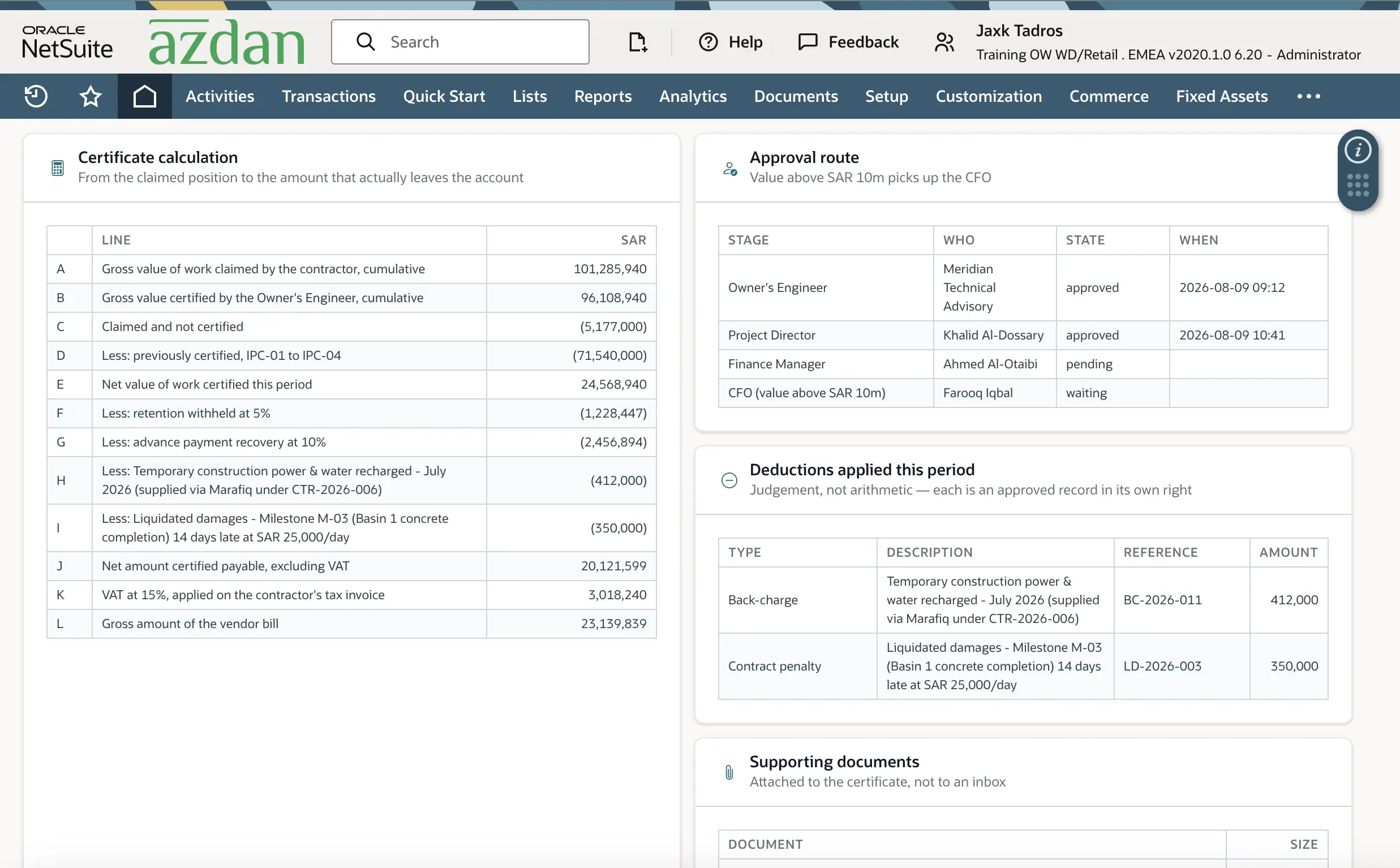 NetSuite interim payment certificate calculation showing retention, advance recovery, deductions, and net amount payable