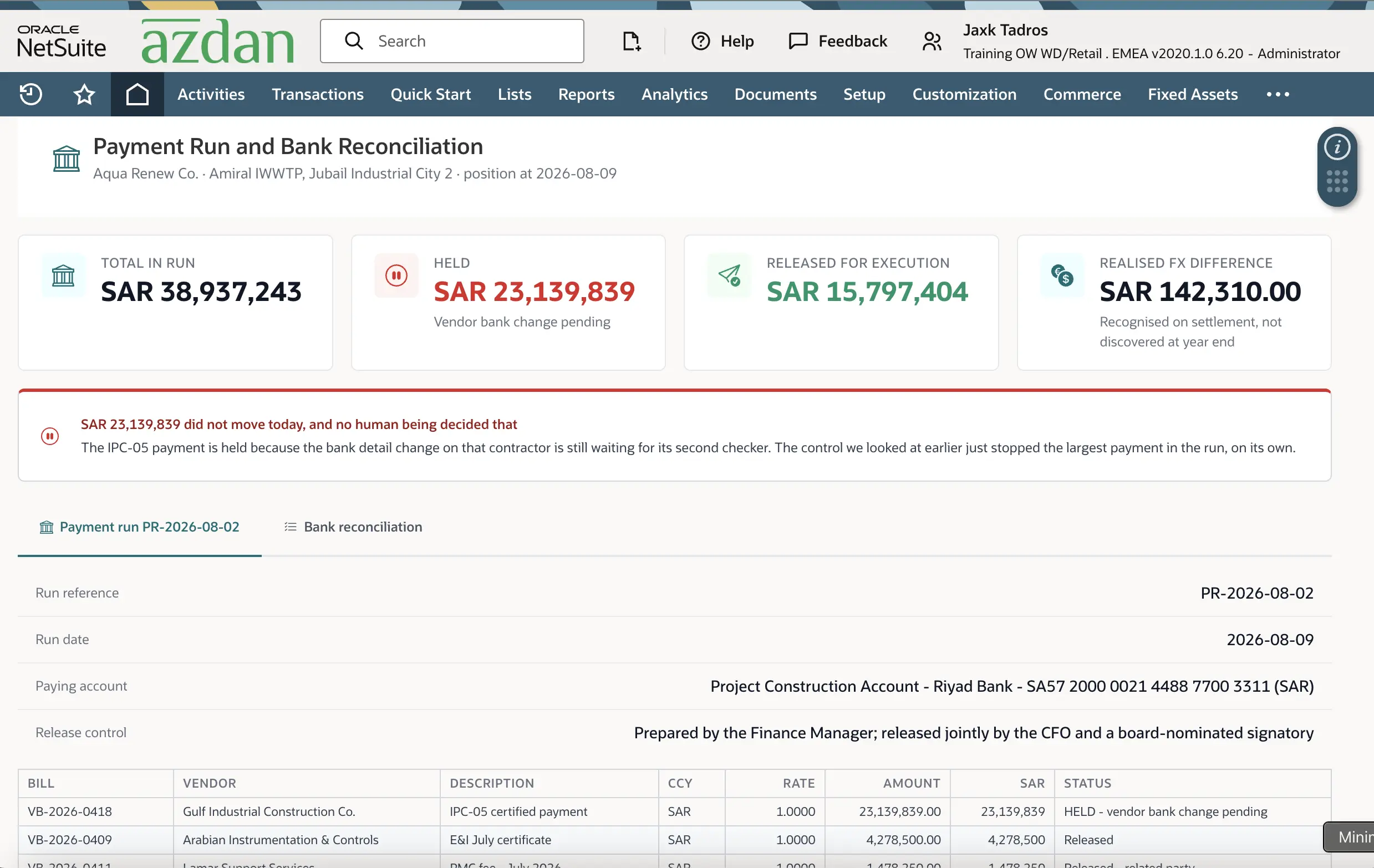 NetSuite multi-currency payment run for construction with a held payment and realised FX difference