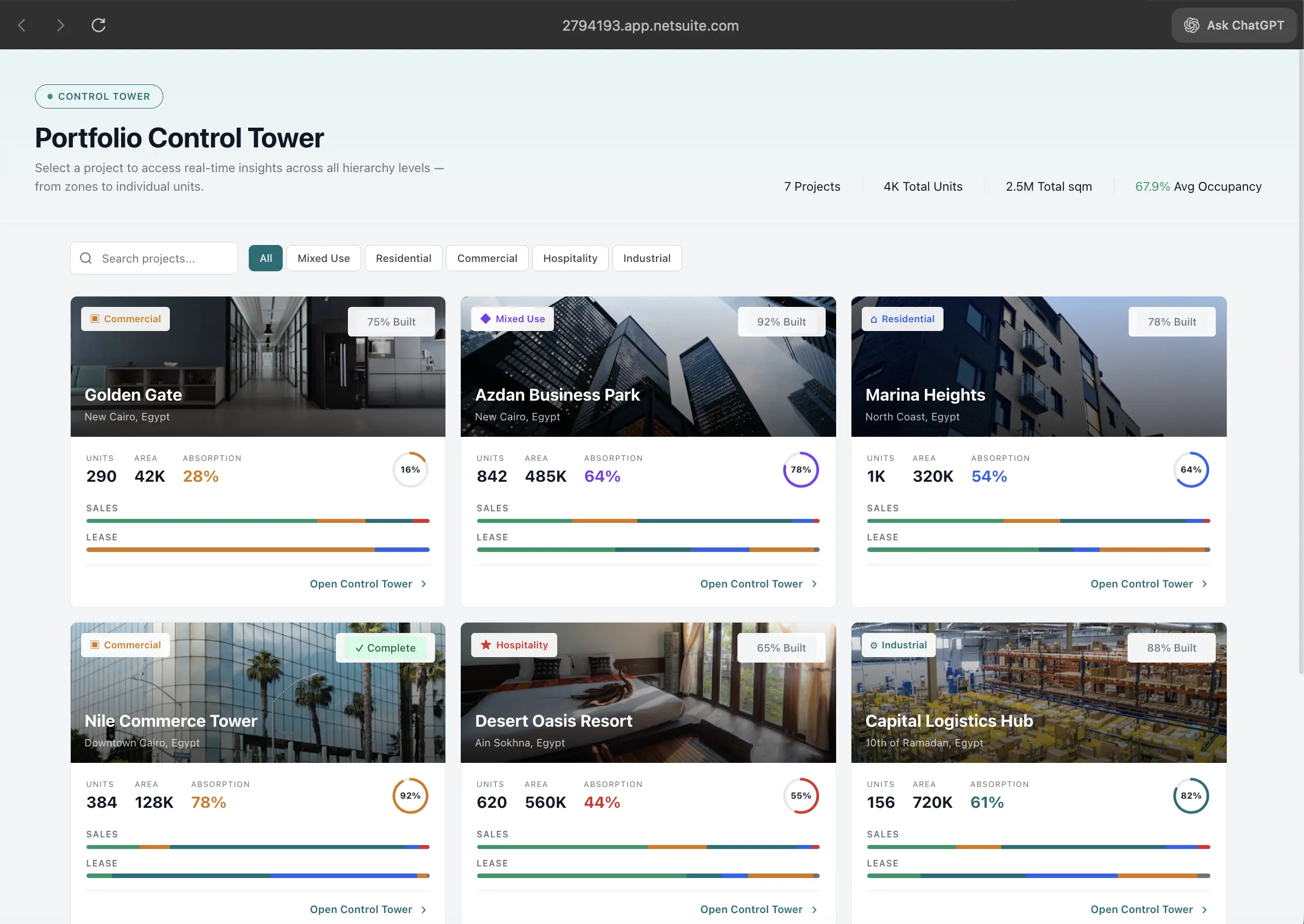NetSuite portfolio control tower showing real estate projects with unit counts, area, absorption and construction progress