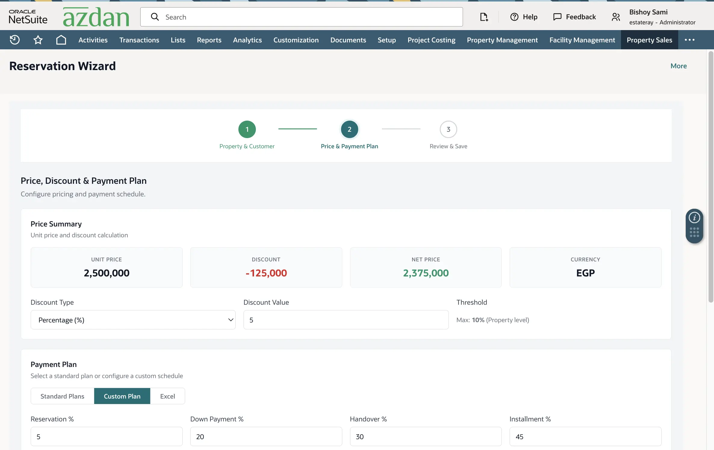 NetSuite reservation wizard showing unit price, discount value, net price and the maximum discount allowed at property level