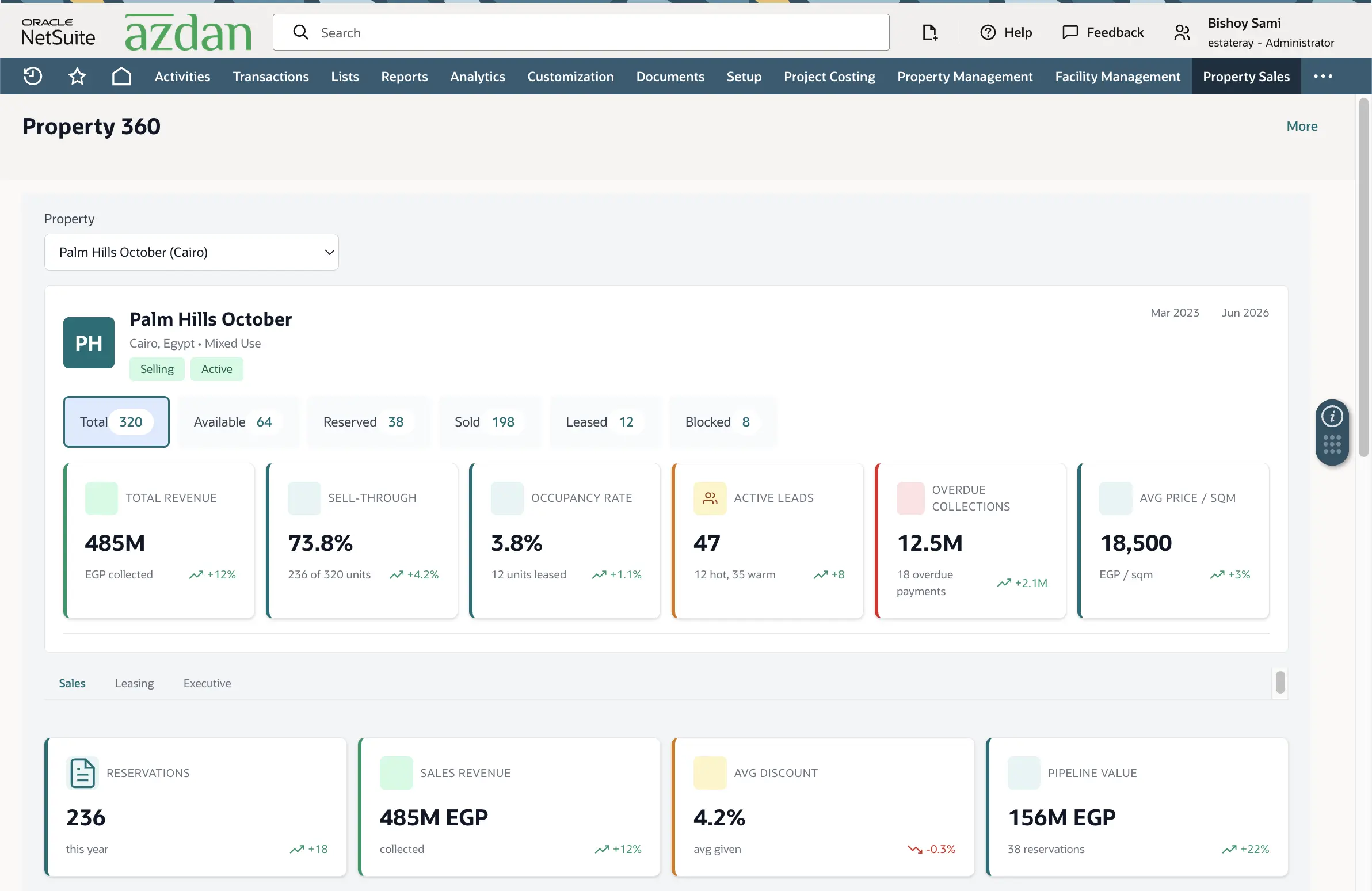 NetSuite Property 360 dashboard showing revenue, sell-through, occupancy, active leads, overdue collections and average price per sqm