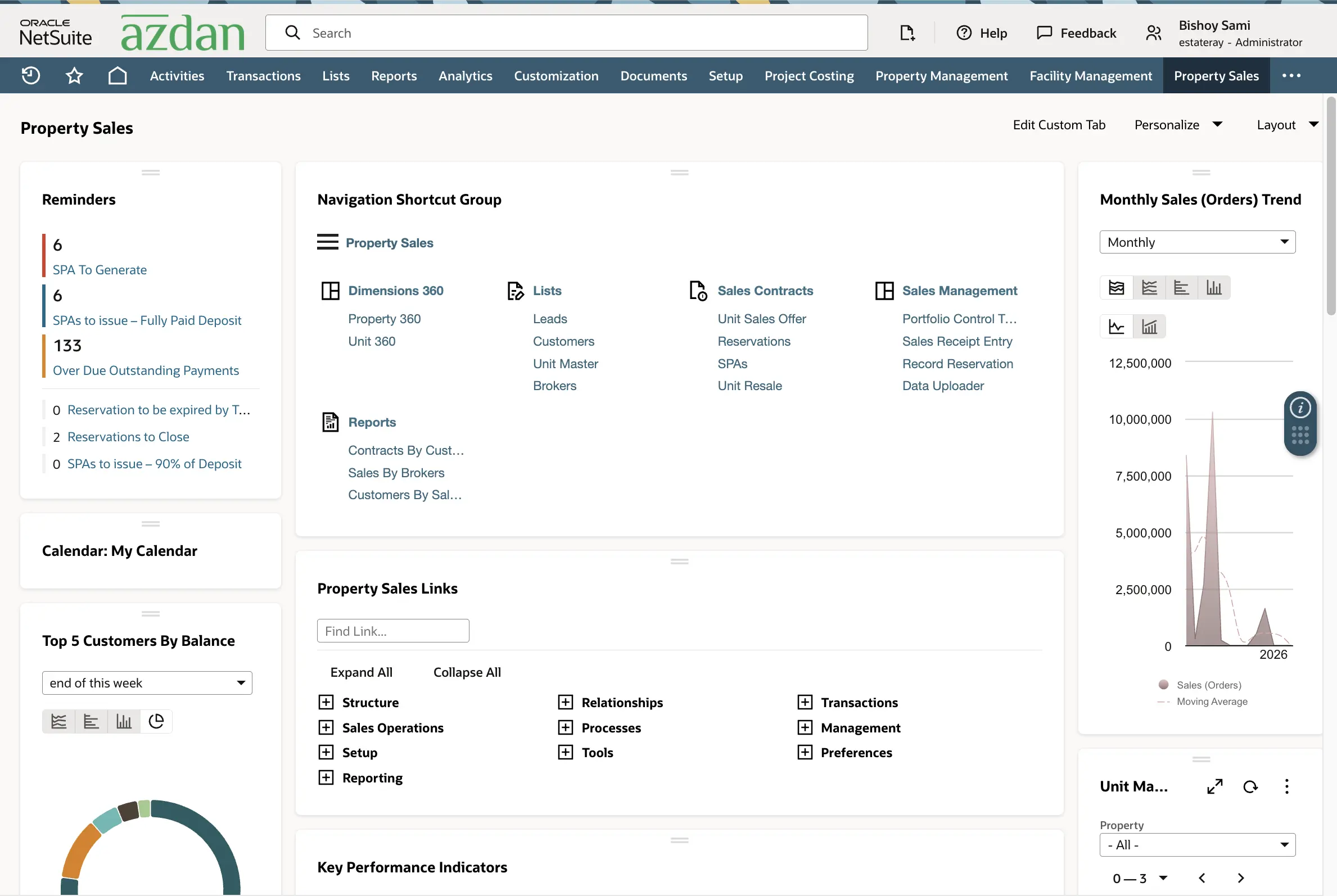 NetSuite property sales role dashboard with reminders for SPAs to generate, overdue payments and reservations to close