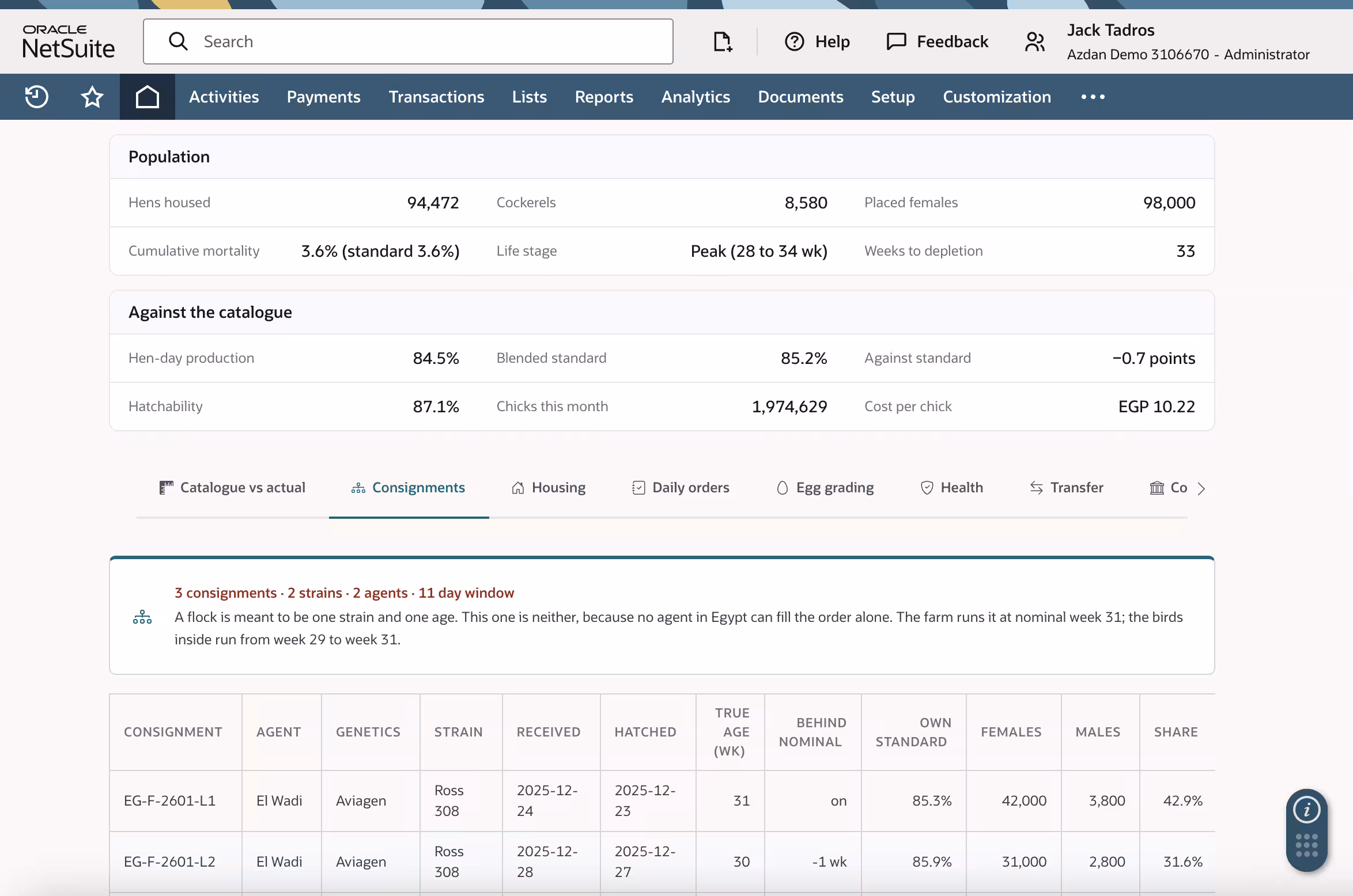 NetSuite consignment register for a poultry breeder flock listing three consignments from two agents, each with its own strain, hatch date, true age, own breed standard and share of the flock