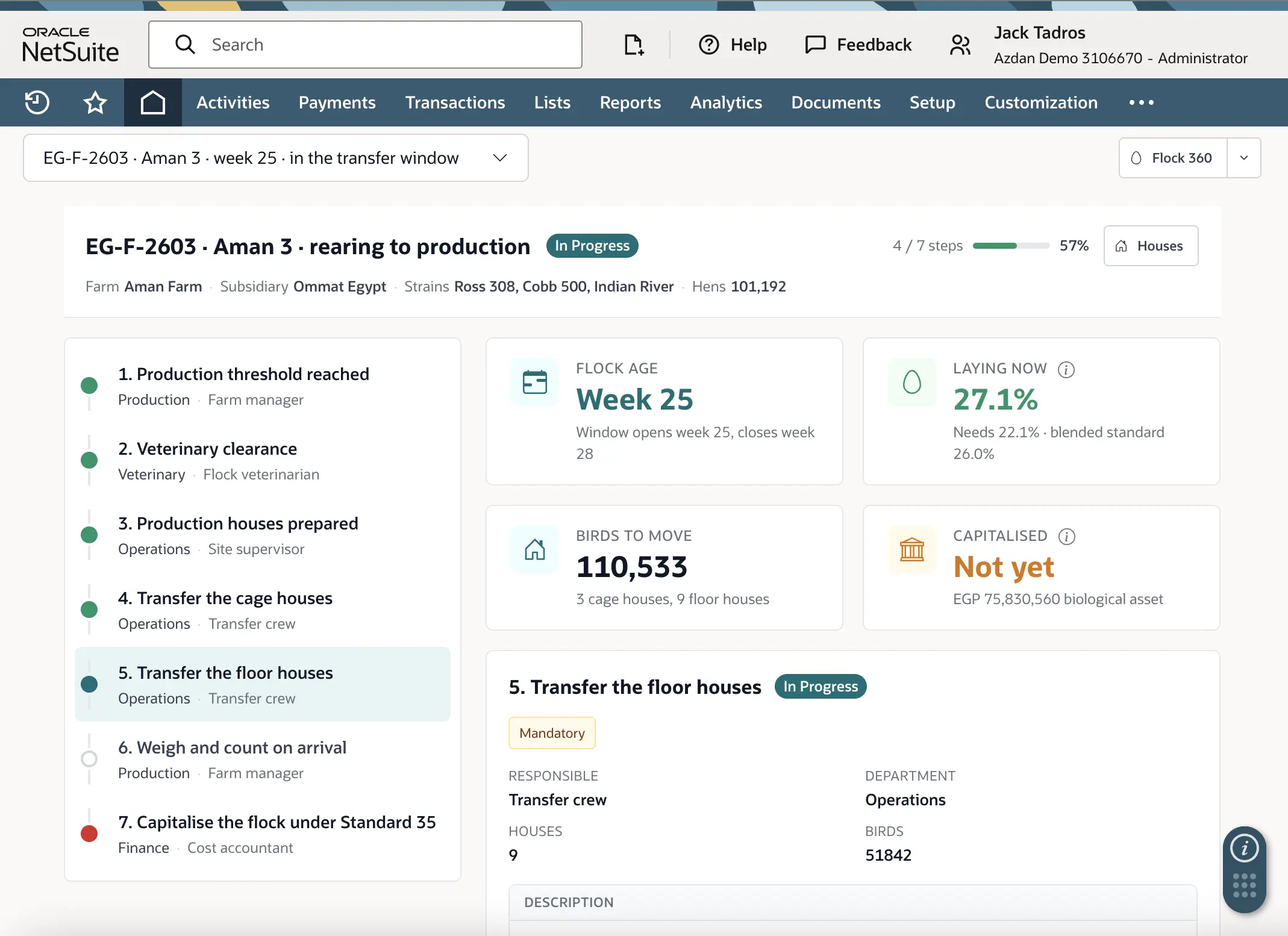 NetSuite seven-step transfer workflow moving a poultry breeder flock from rearing to production, with four steps complete and the capitalisation step still locked