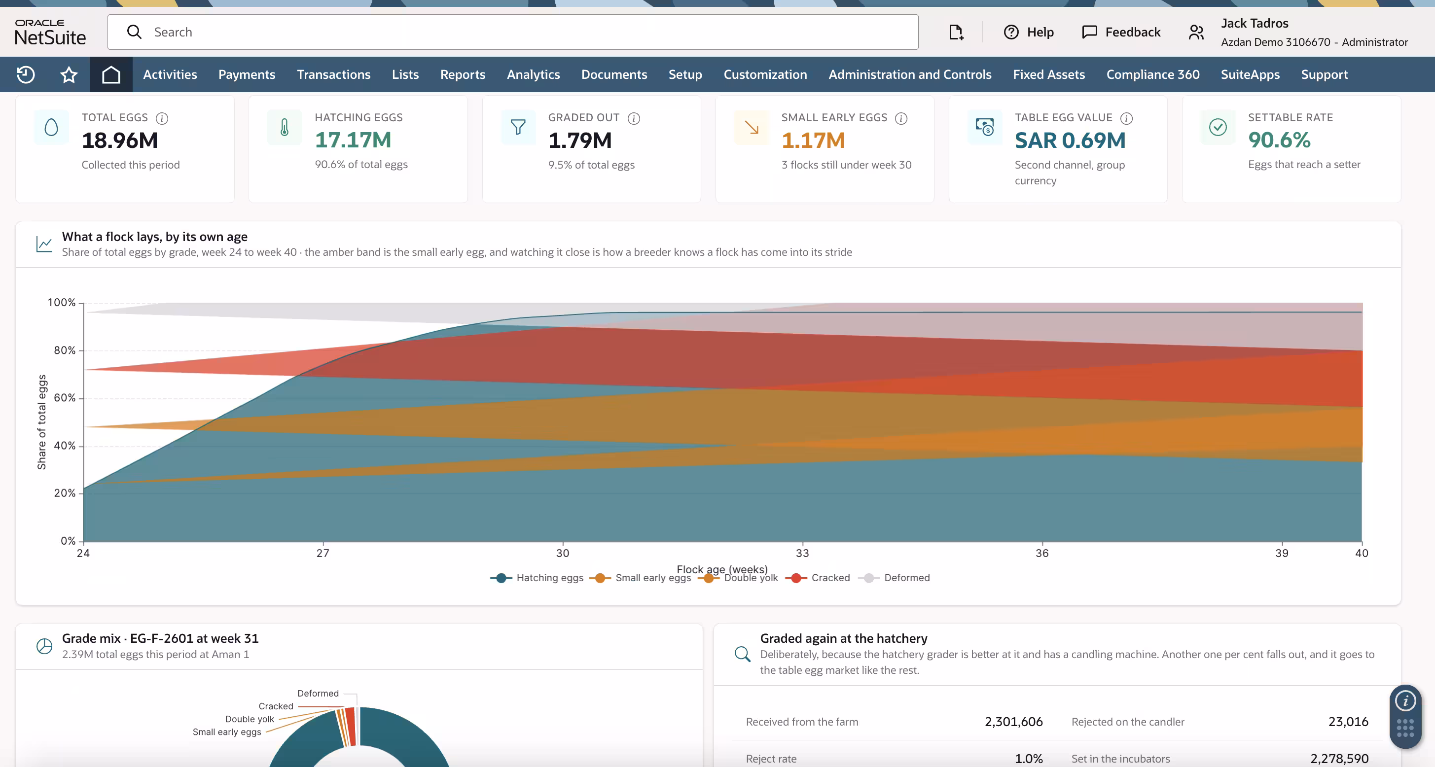 NetSuite egg grading dashboard showing total eggs, a 90.6 per cent settable rate, and grade mix by flock age from week 24 to week 40