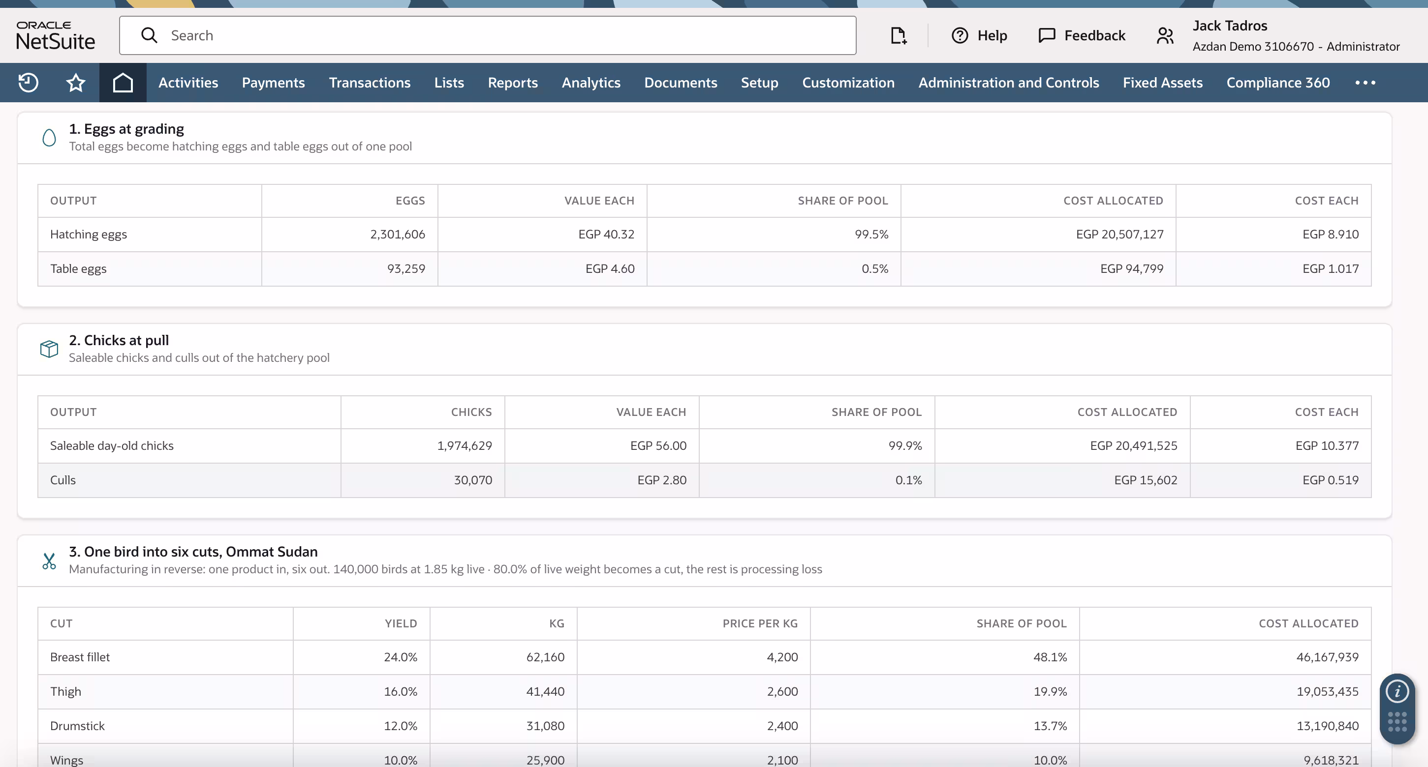 NetSuite joint cost allocation screen showing hatching eggs against table eggs at grading, saleable chicks against culls at pull, and one bird into six cuts at the processing plant