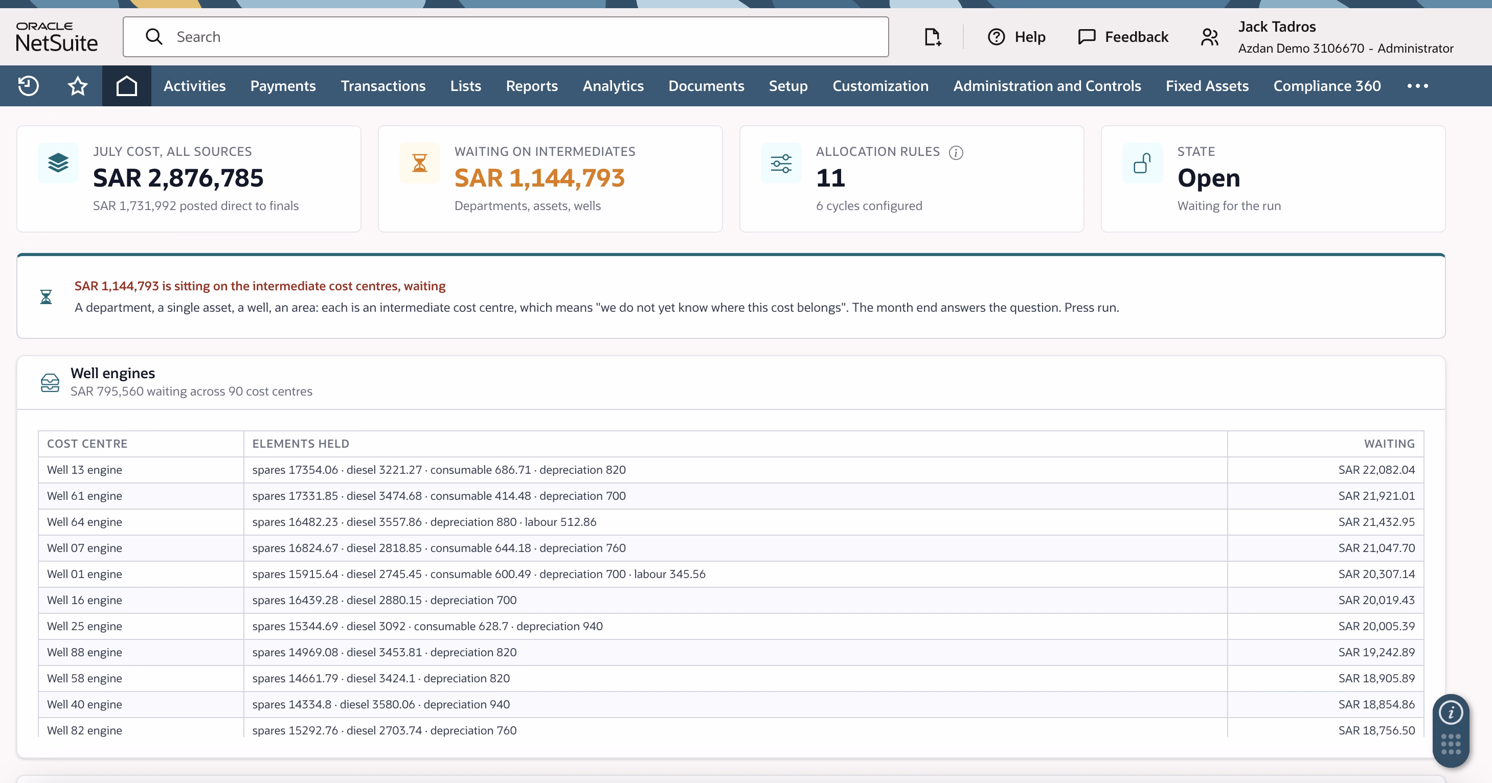 Dashboard showing period cost and the balance waiting on intermediate cost centres. Upload in the Webflow editor.