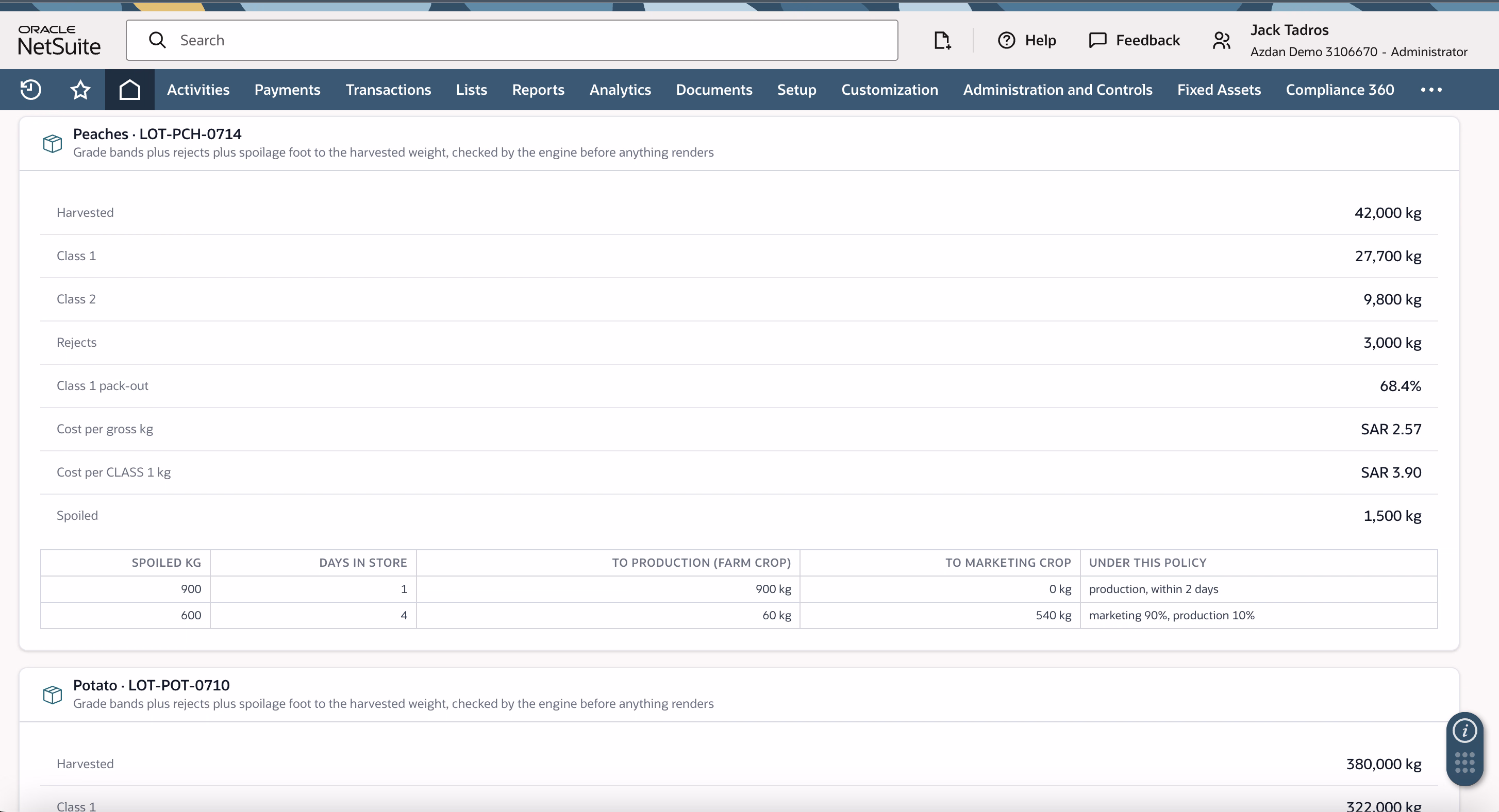 Lot screen showing harvested weight, grade bands, rejects, pack-out percentage and spoilage split by policy.