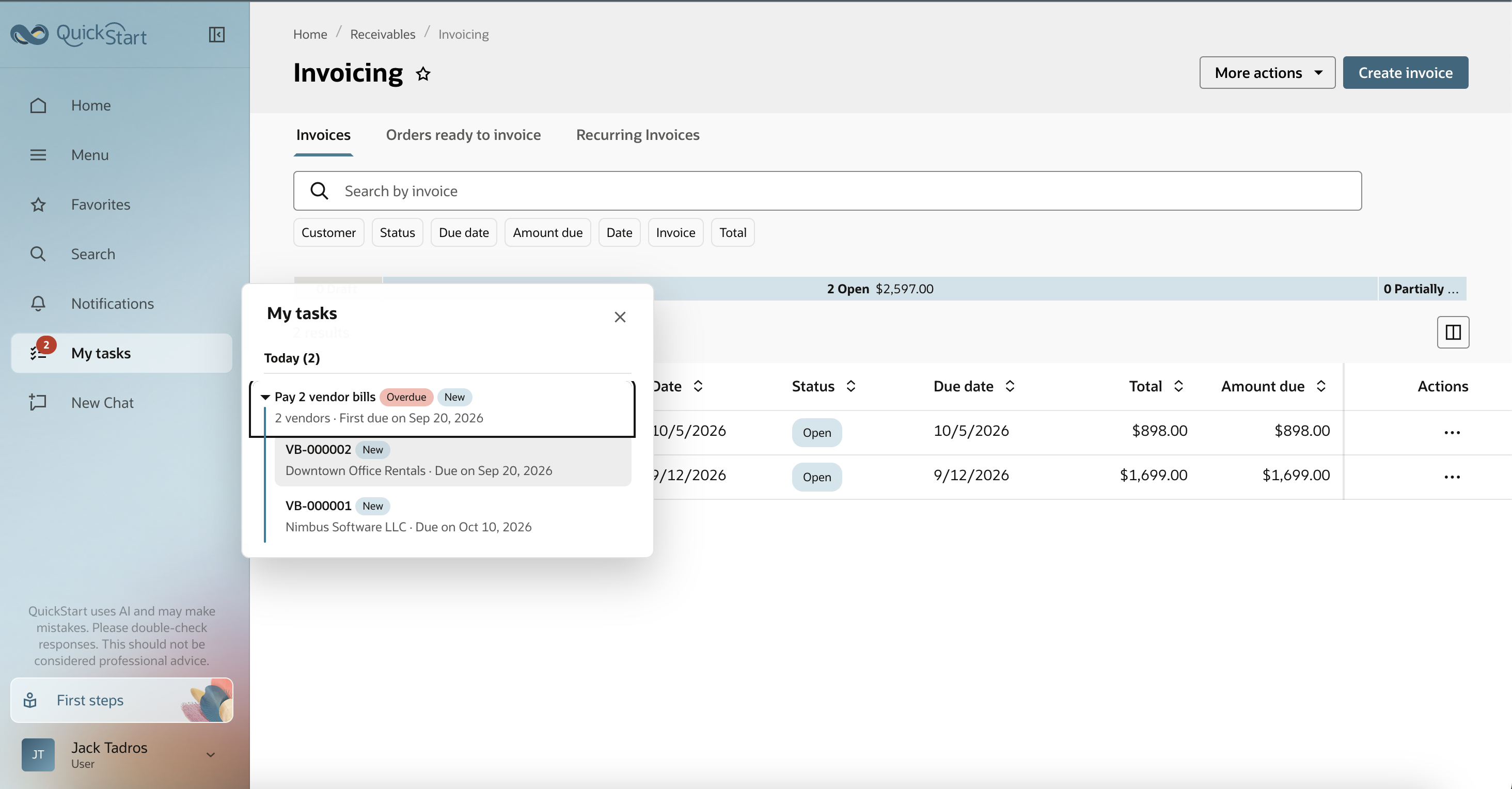 ABC Company invoicing workspace and supplier payment tasks