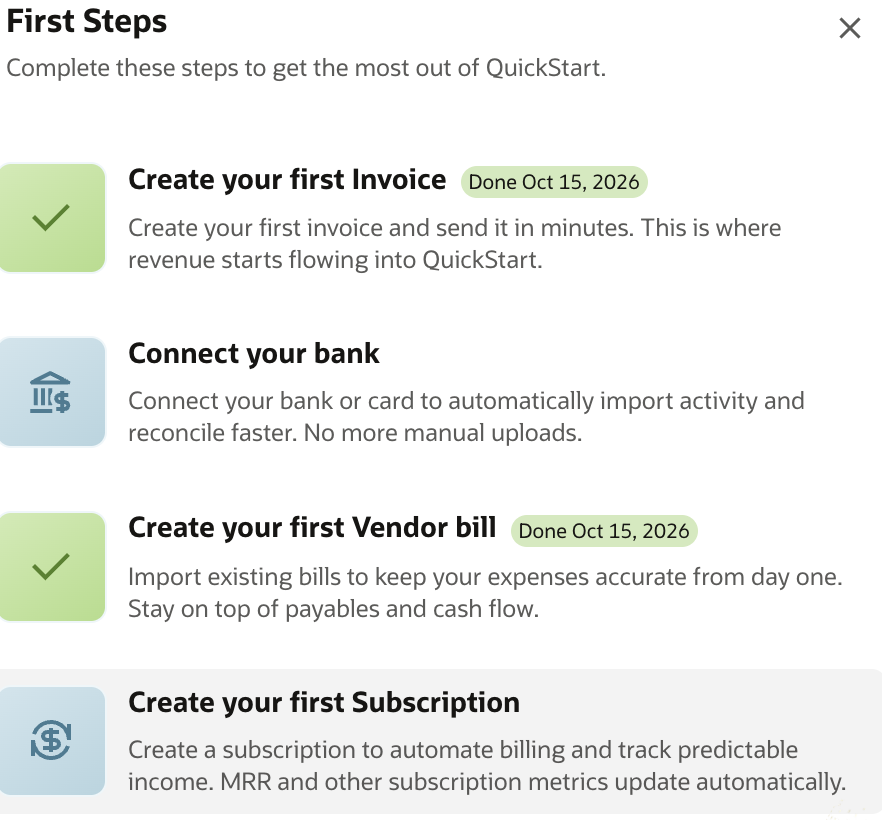 QuickStart First Steps: invoice, bank connection, vendor bill and subscription