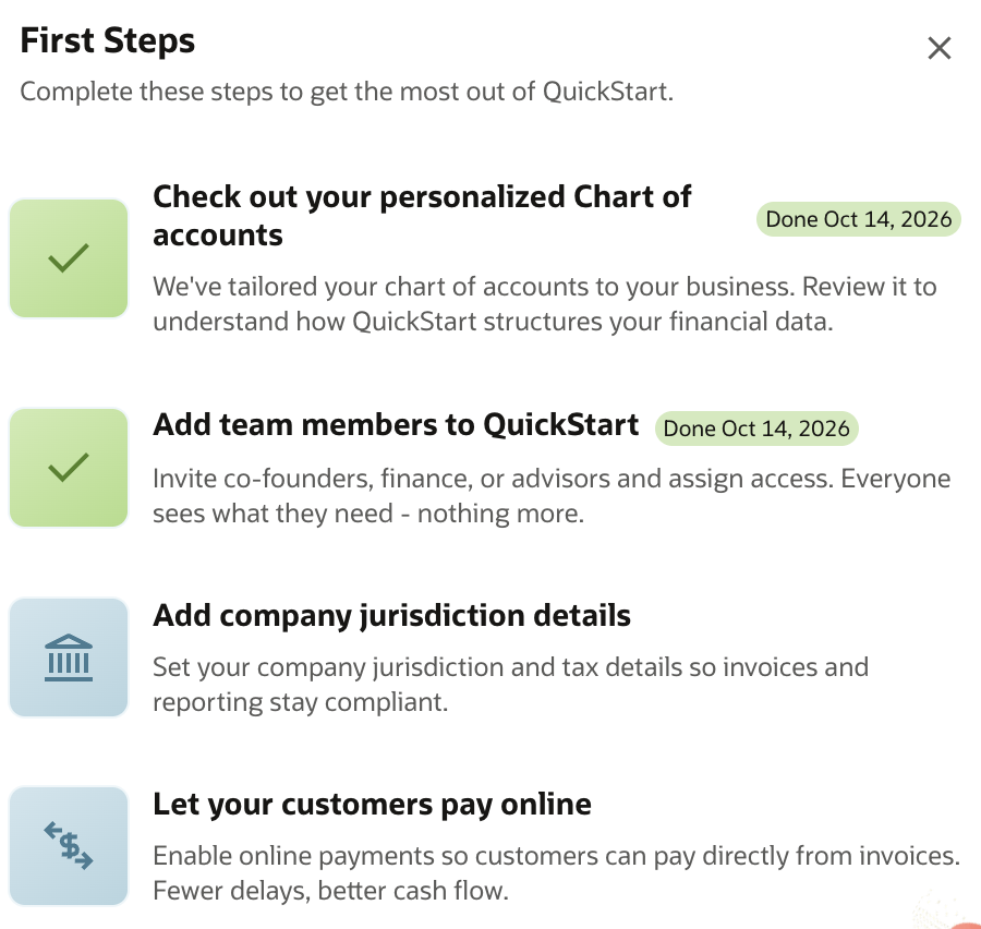 QuickStart First Steps: chart of accounts, team access, jurisdiction details and online payments