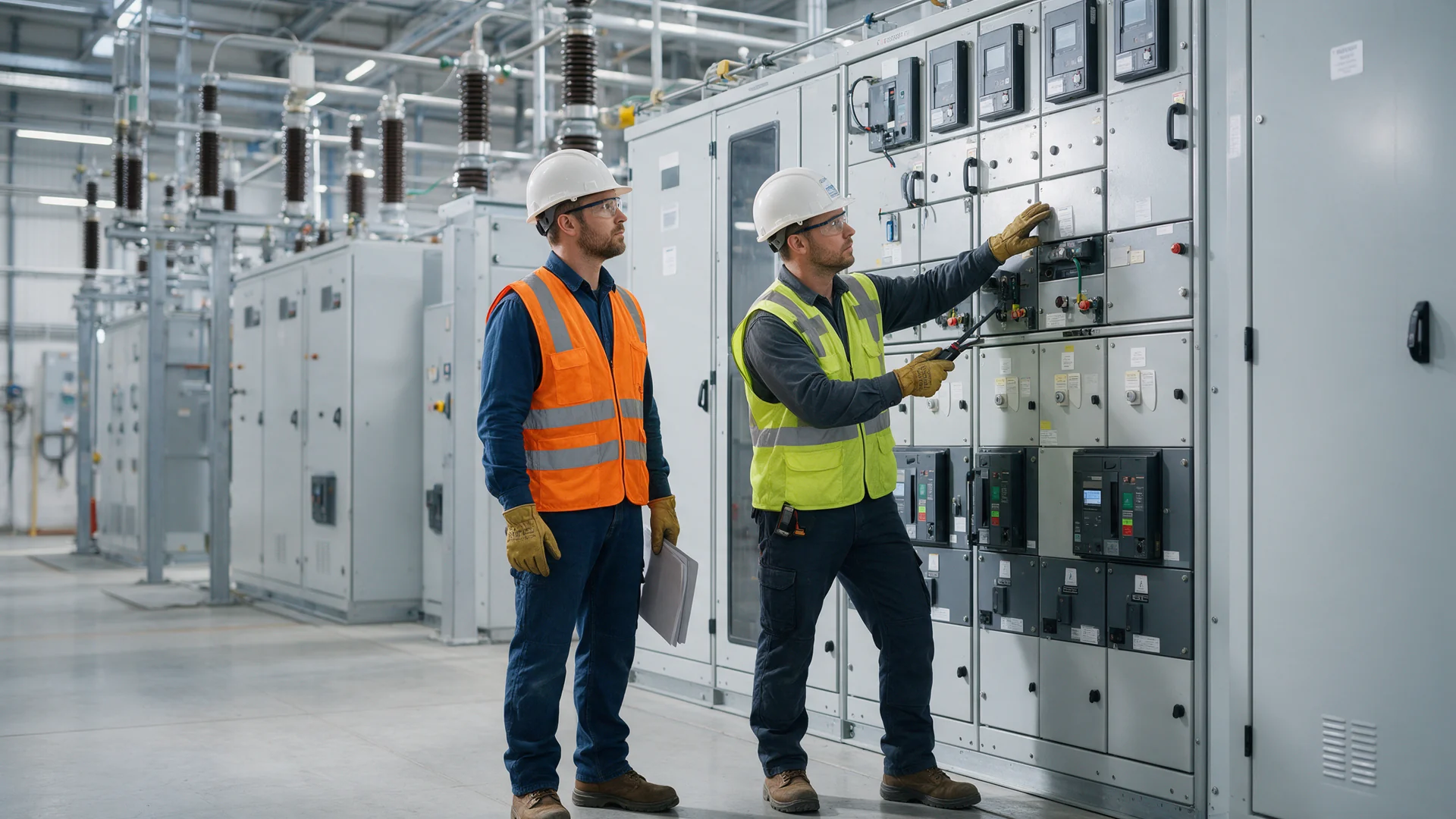Electrical engineers inspecting industrial switchgear and power infrastructure