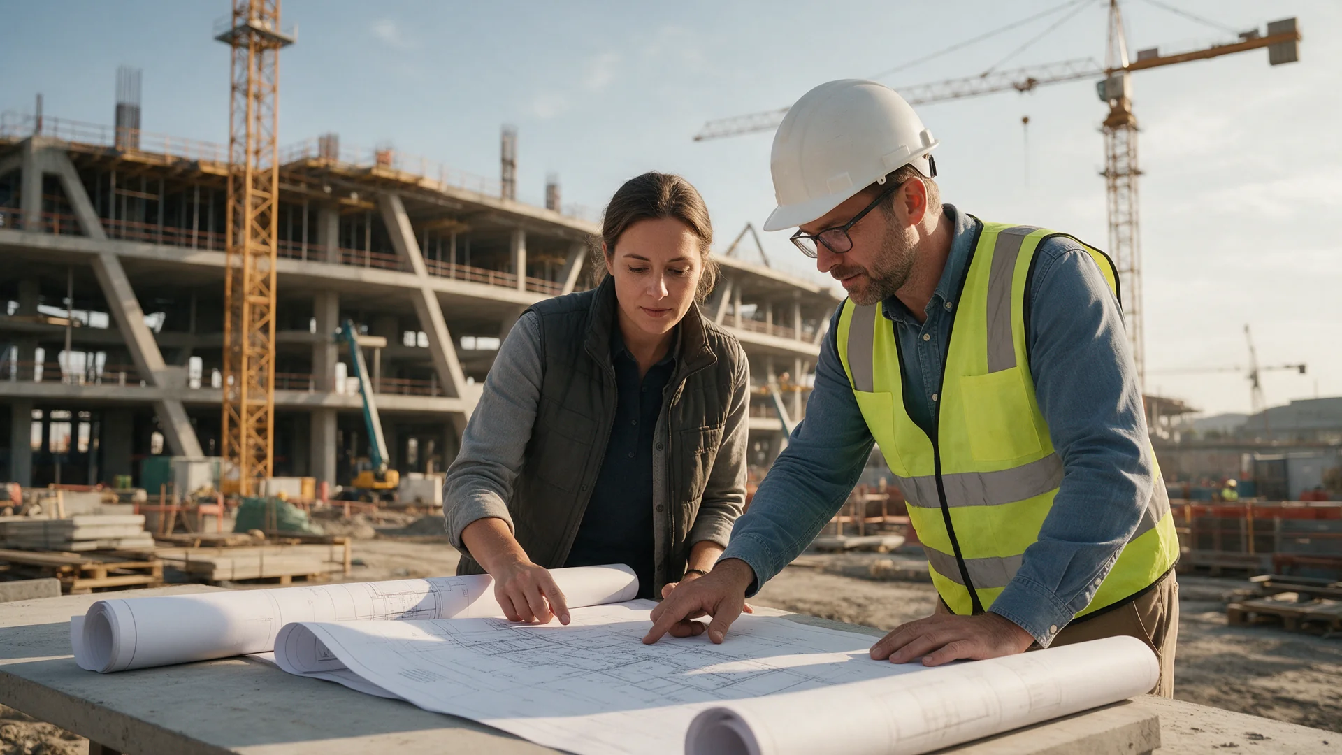 Project team reviewing plans at an infrastructure construction site