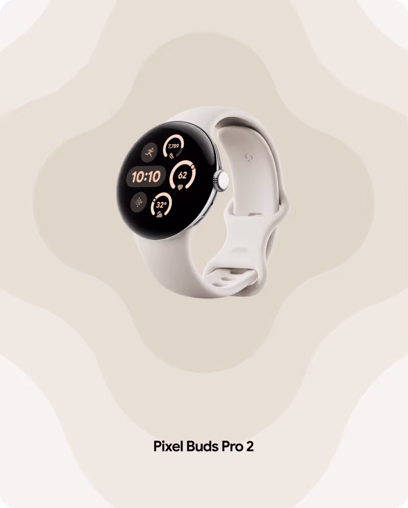 Round smartwatch with a white band displaying fitness and health stats on a black screen with beige background.