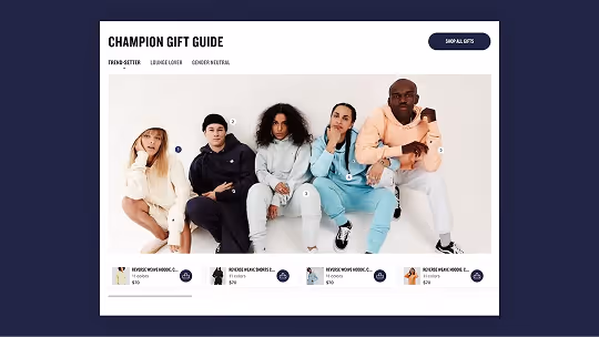 Champion Gift Guide webpage showing four models wearing casual loungewear in neutral, black, grey, and pastel blue and peach colors against a white background.