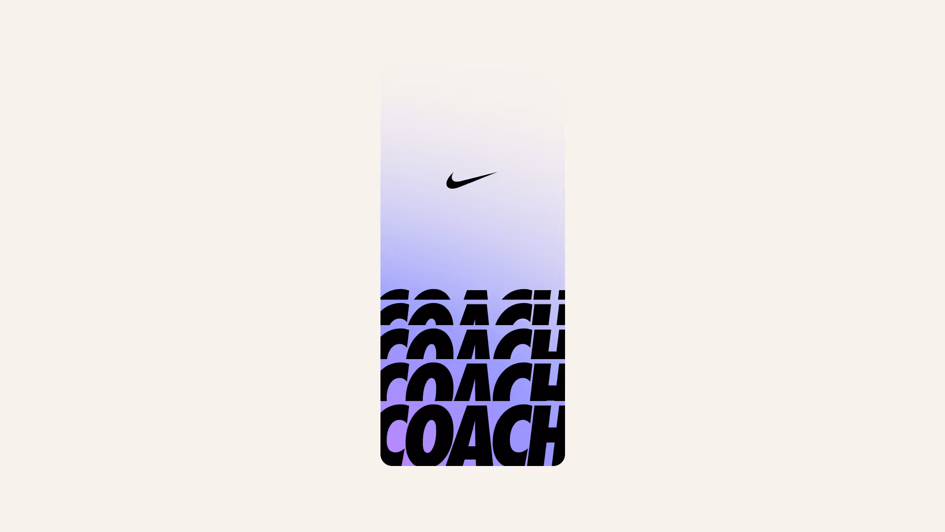 Smartphone screen with a gradient background and multiple large, black repeated text lines saying 'COACH' at the bottom, with a black Nike swoosh logo above.