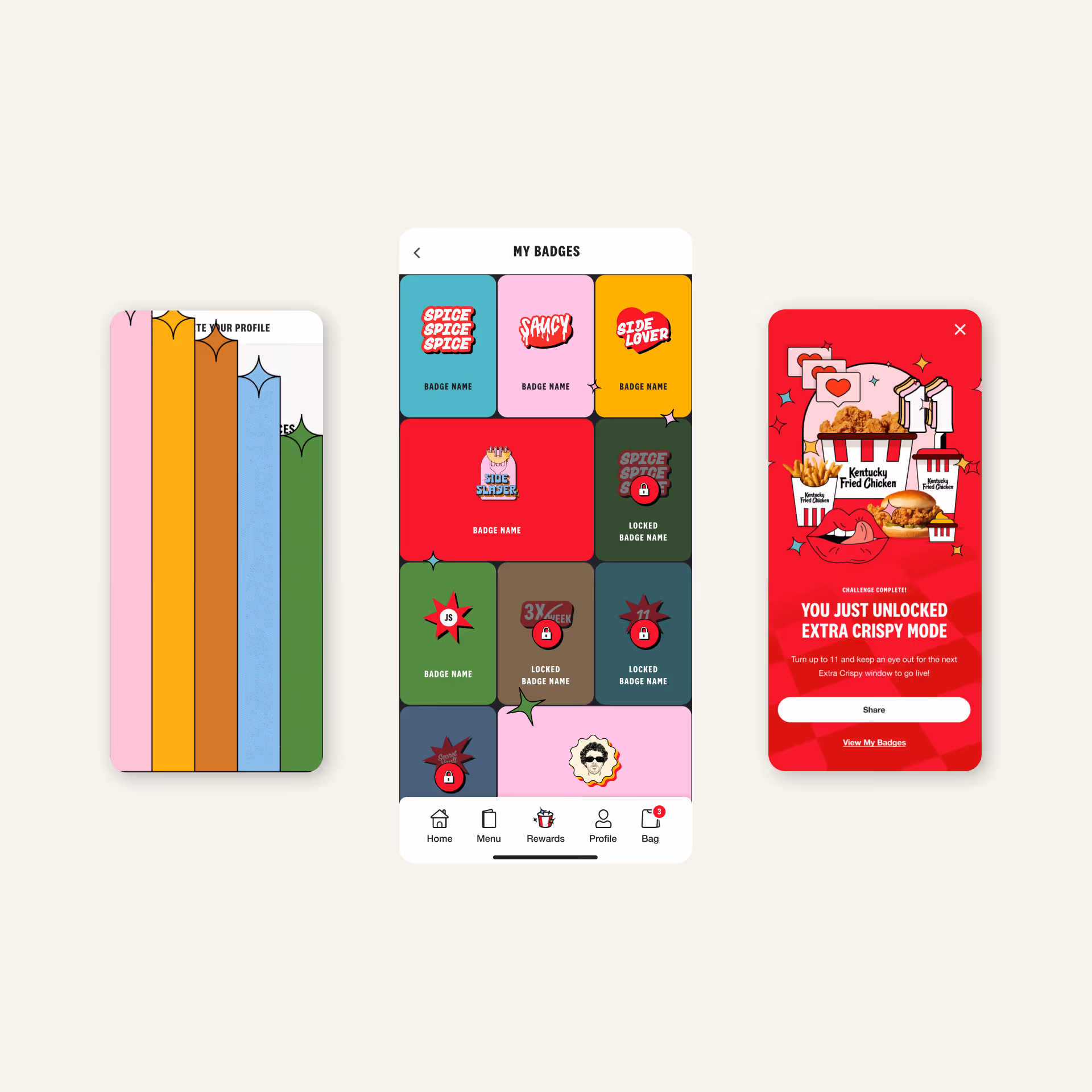 Three smartphone screens showing a rewards badges collection and notification from KFC app, featuring colorful badge icons and message unlocking Extra Crispy Mode with food images.
