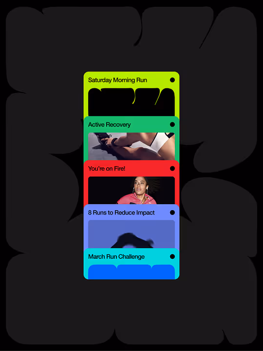 Stack of five colored cards displaying running workout titles and related images including legs running, a woman running, and abstract running silhouettes.