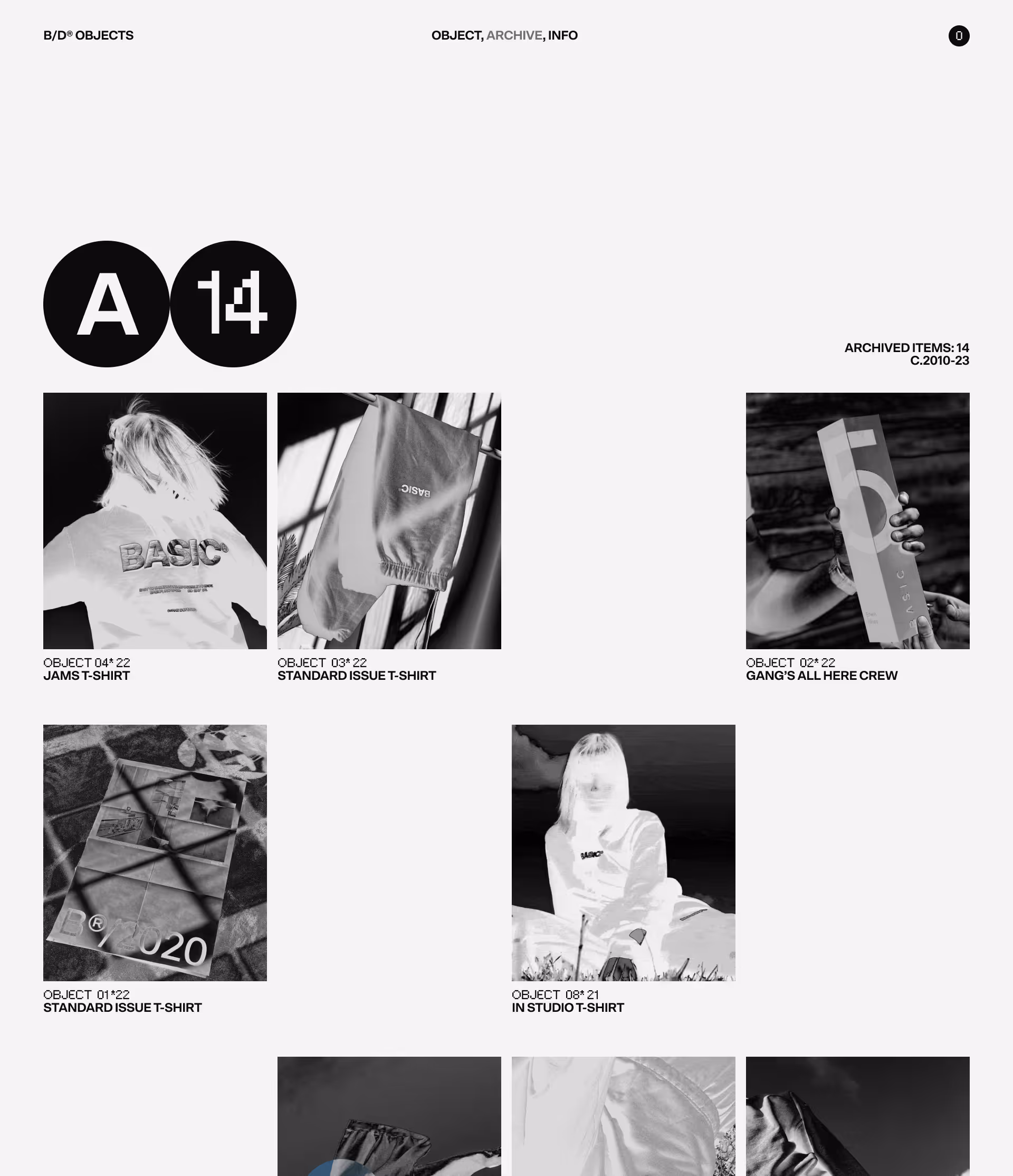 Grid of black-and-white photos showing various clothing items labeled with object numbers and names, including JAMST-SHIRT, STANDARD ISSUE T-SHIRT, GANG’S ALL HERE CREW, and IN STUDIO T-SHIRT, with circular icons labeled A and 14 at the top left.