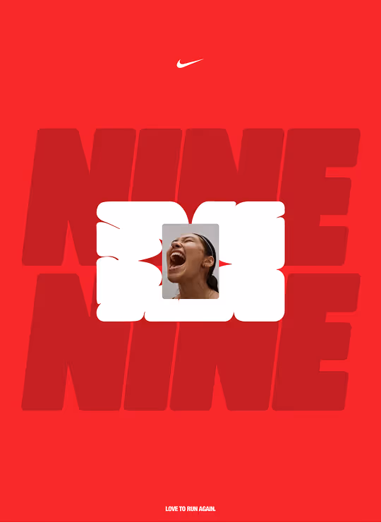 Nike swoosh logo above bold red text repeated twice with a central cutout showing a person passionately shouting, on a red background with 'LOVE TO RUN AGAIN.' at the bottom.
