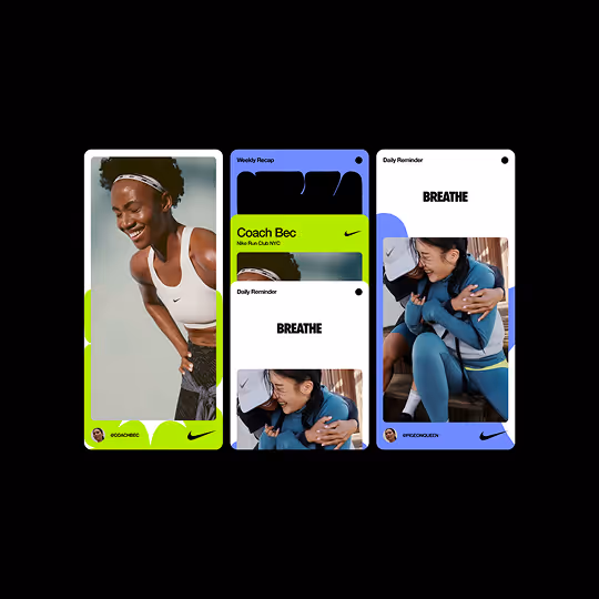 Three vertical mobile screens showing Nike coaching app interface with images of smiling runners, daily reminders to 'BREATHE,' and coach information.