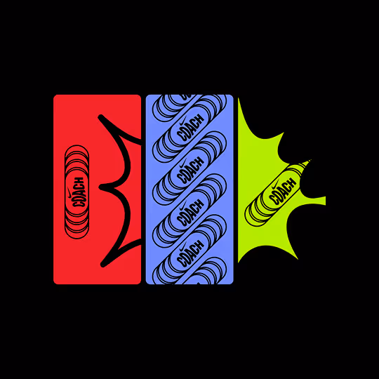 Graphic showing three sections each with the word 'COACH' inside an oval, with red, blue, and yellow backgrounds and stylized burst shapes around the ovals.