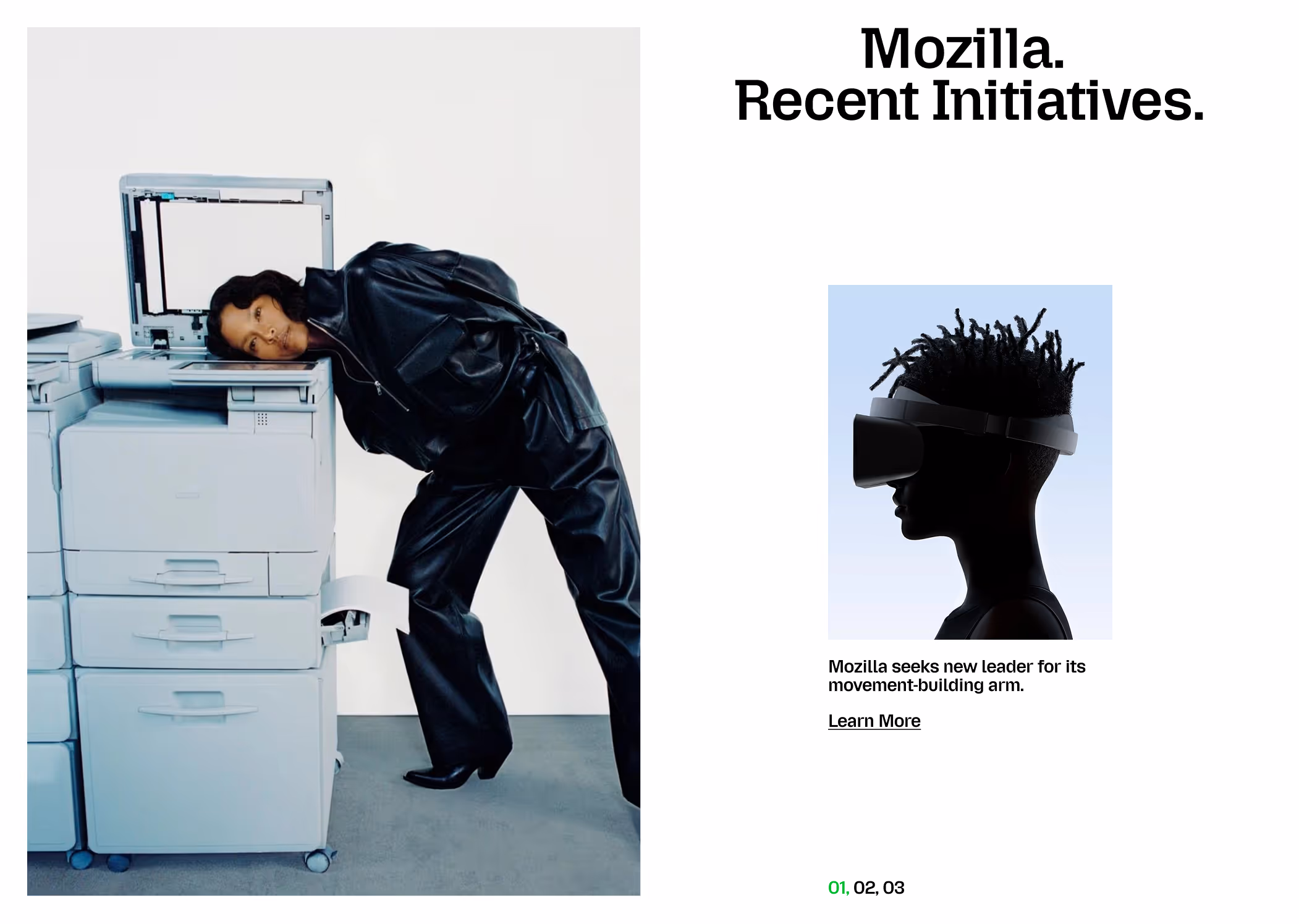 Person in black leather outfit leaning with their head on an office copier, next to text about Mozilla seeking a new leader for its movement-building arm with silhouette image of a person wearing virtual reality headset.