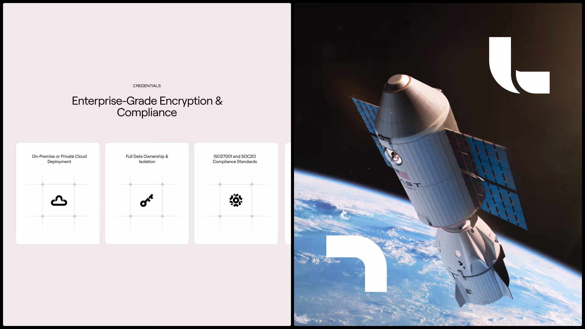Split screen with text on the left about enterprise-grade encryption and compliance features, and a satellite orbiting Earth on the right.