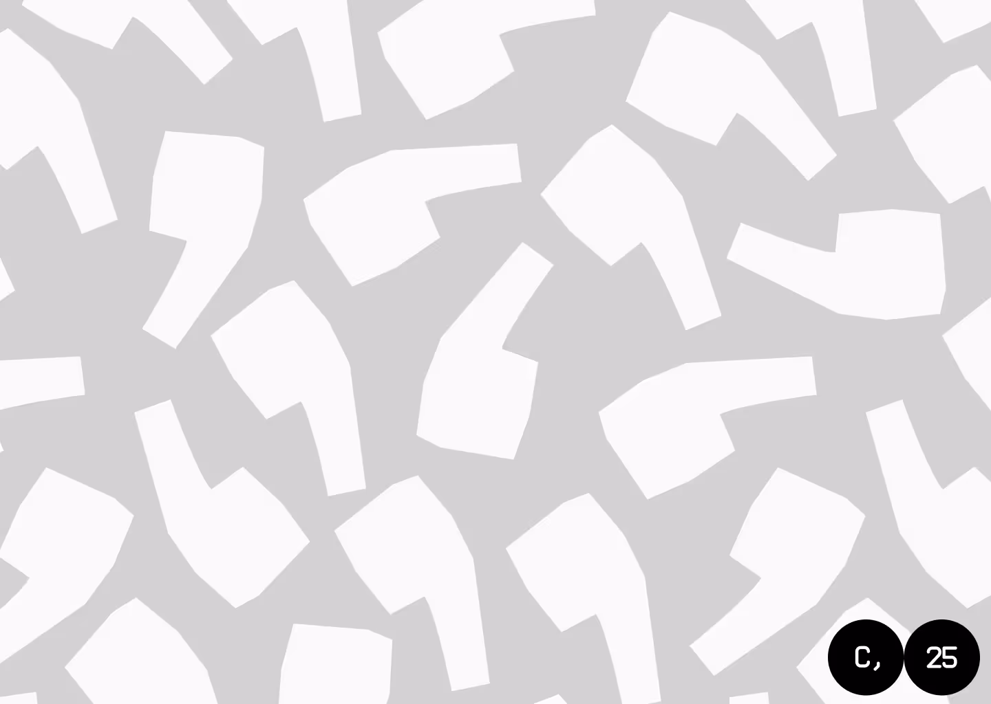 Pattern of large white comma-shaped figures on a light gray background with two black circles at bottom right containing a white letter 'C' and number '25'.