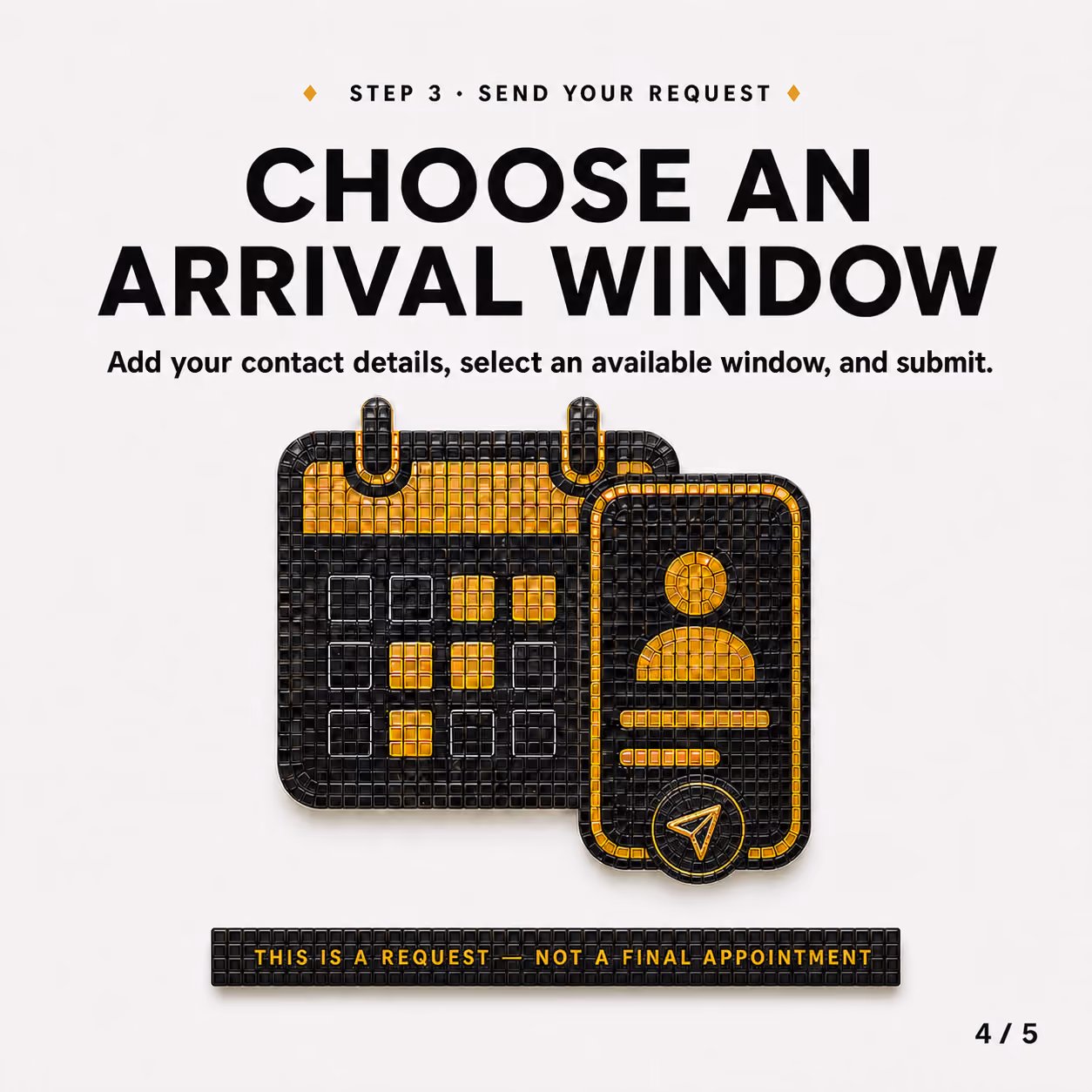 Step 3 instructions to choose an arrival window with calendar and contact details icons.