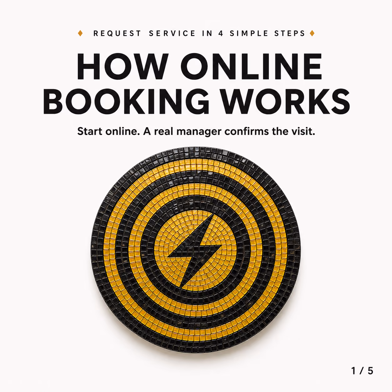 Graphic showing 'How online booking works' with a yellow and black target and lightning bolt symbol.