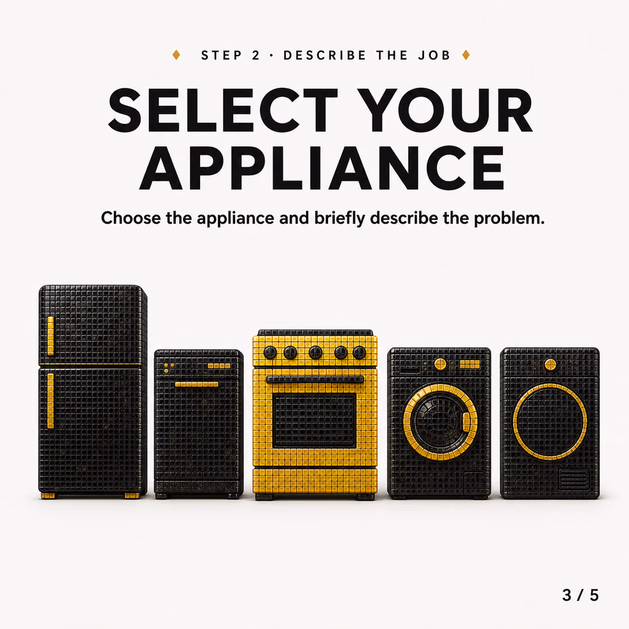 Step 2: Select your appliance for repair from black and gold fridge, dishwasher, stove, washer, or dryer icons.