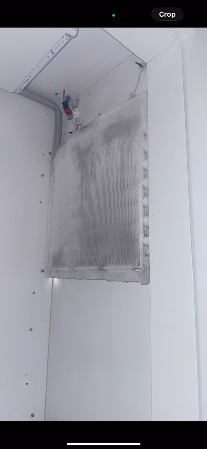 Frost covering the exposed fresh-food evaporator in the Bertazzoni refrigerator