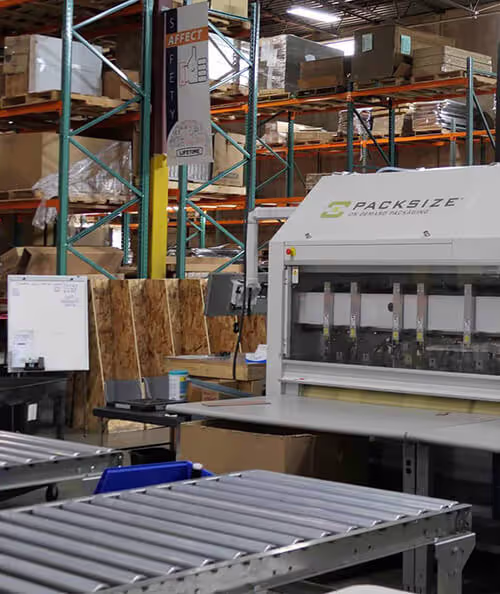 A Packsize On Demand Packaging machine in a warehouse setting.