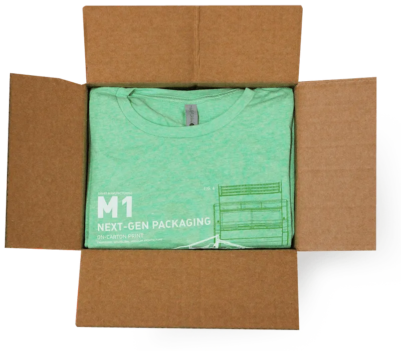 Ein Foto von T-Shirts, verpackt in einer Schachtel mit der richtigen Größe und ohne Platzverschwendung.