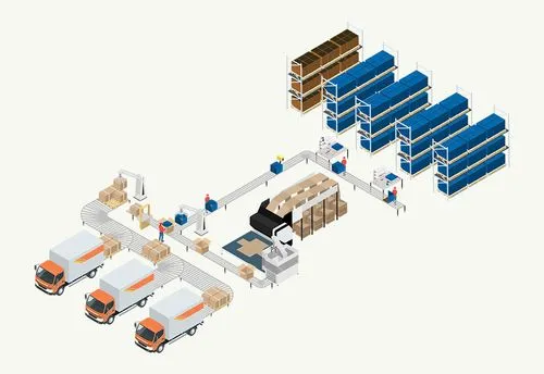 Gráfico de proceso de flujo de trabajo de empaque que muestra un proceso de selección manual con una máquina de fabricación de cajas automatizada.