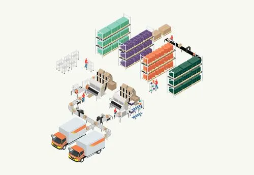 Un gráfico del proceso de empaque que muestra una solución de selección manual con empaque automatizado.