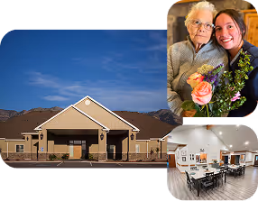 trio image of autumn care exterior assisted living and a resident and cna and the dining area