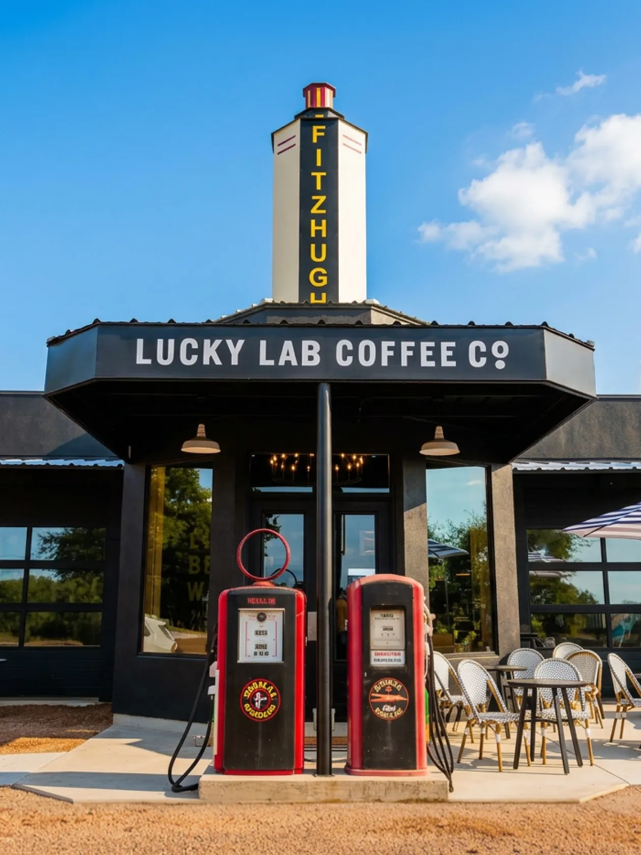 Vintage gas pumps in front of Lucky Lab Coffee Co. cafe with outdoor seating under blue sky.