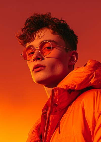 Young man in an orange jacket and orange sunglasses.