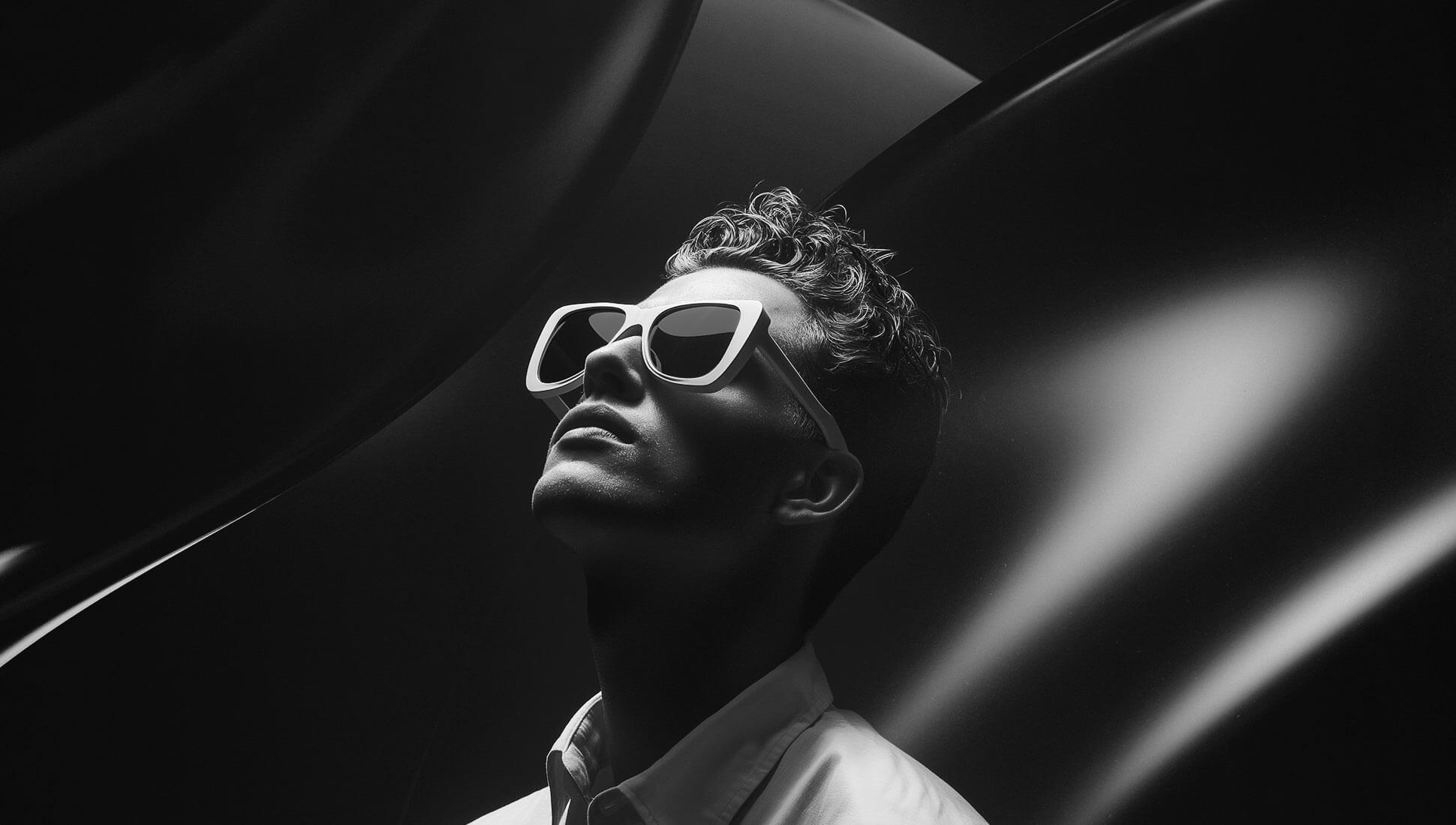 Portrait of a man in the white sunglasses.