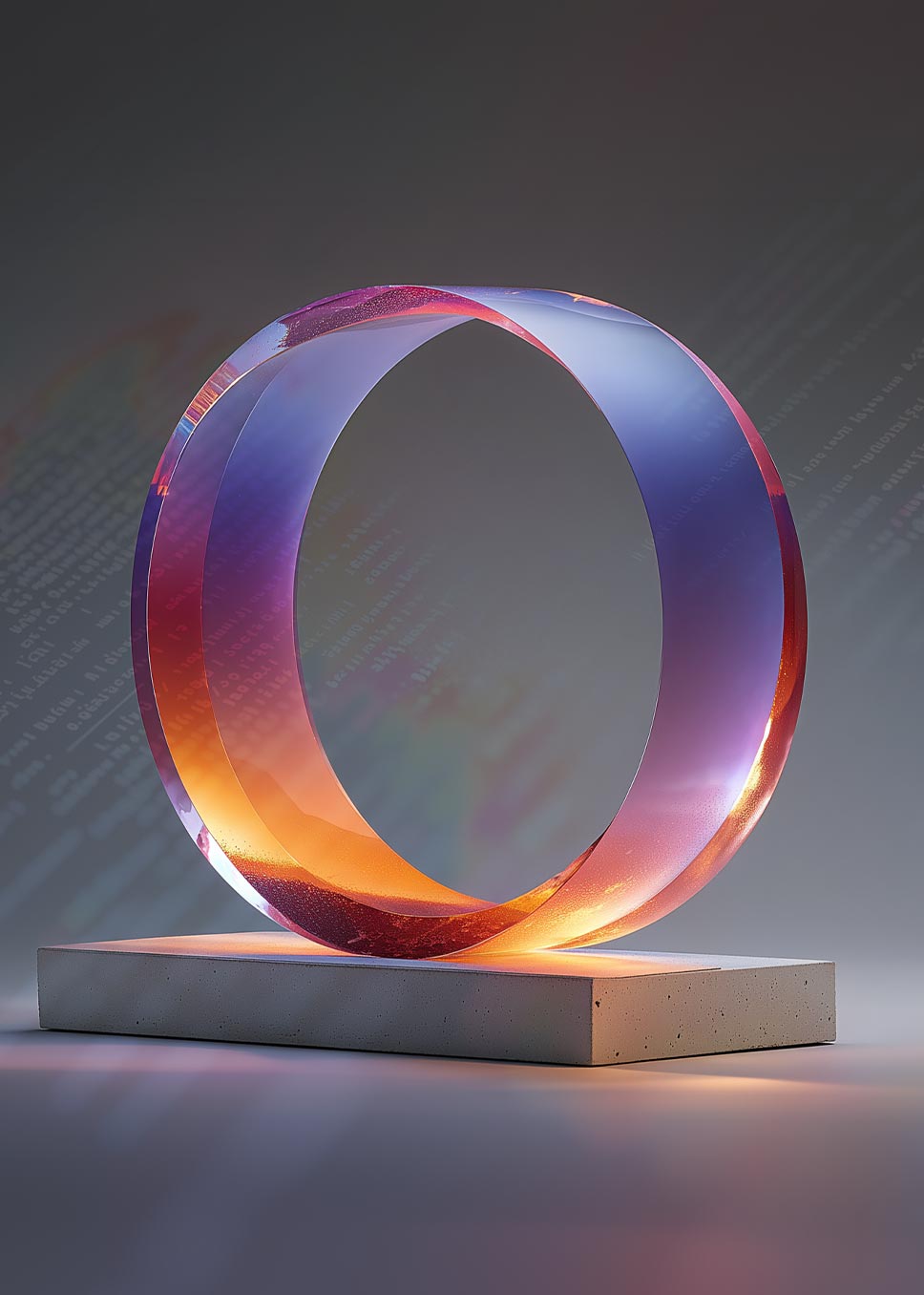 A colored ring stands on a concrete pedestal against a background of programming code.