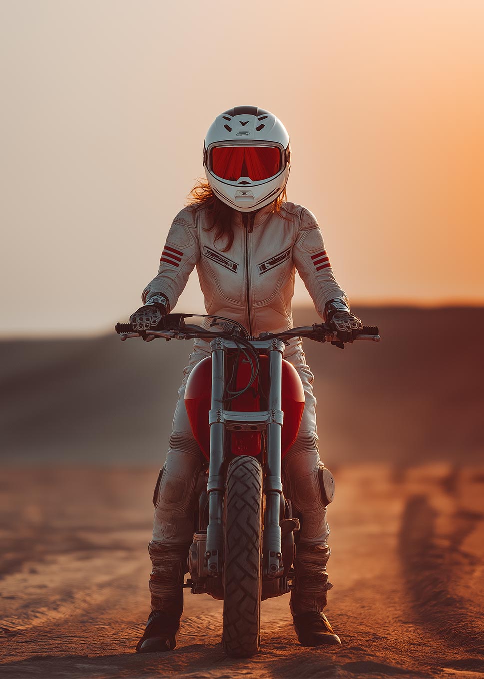Female biker standing on a sports motorcycle on a dirt road.