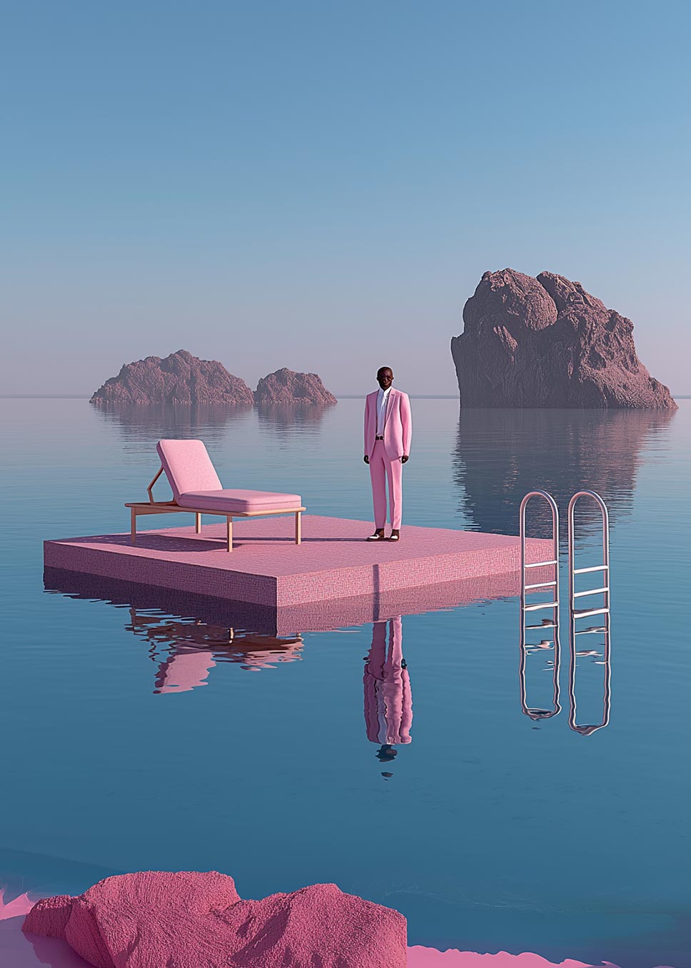 A man in a pink suit stands on a floating pink platform with a lounge chair and metal ladder, surrounded by calm blue water and distant rocky islands under a clear sky.
