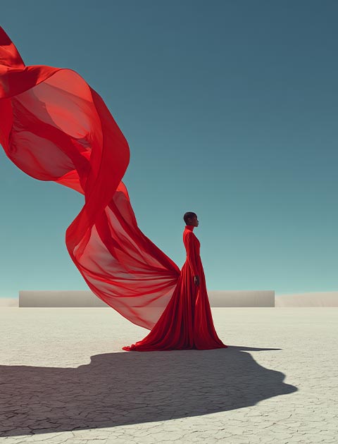 Beautiful woman in the red long dress on the desert background.