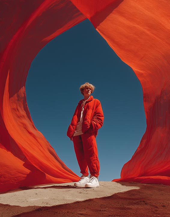 A man in a red tracksuit stands against a desert background surrounded by red fabrics